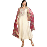 ishin White Floral Embroidered Thread Work Straight Kurta With Trousers & Dupatta | Kurta set for women | Kurta with trousers and dupatta