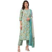 Yuris Women Blue Green Pure Cotton Printed Kurta with Palazzos Dupatta (S)