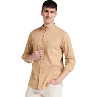Amazon Brand - Symbol Men's Cotton Shirt | Chinese Collar | Casual | Plain | Full Sleeve | Summer - Regular Fit (Available in Plus Size) (Beige_M)