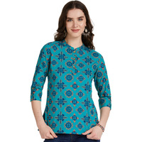 Amazon Brand - Myx Women's Cotton Screen Print Straight Short Kurti (SS19MYXTP019C3_Teal 2_XL)