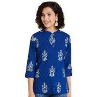 Amazon Brand - Myx Women's Cotton Screen Print Regular Fit Short Kurti (SS19MYXTP019A1_Indigo 1_XL)