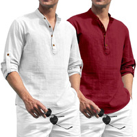 Zombom Combo of Men's Solid Cotton Blend Full Sleeve Straight Kurta Shirt (Pack of 2) White-Maroon