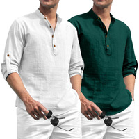Zombom Combo of Men's Solid Cotton Blend Full Sleeve Straight Kurta Shirt (Pack of 2) White-Green