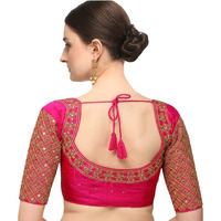 Pujia Mills Women's Embroidery Handwork Sequence Work Necklace Design Readymade Half Sleeve Blouse (Pink, 34)