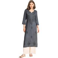 VAIRAGEE Women's Rayon Straight Cut Round Neck Kurta with Beautiful Lucknowi Chickenkari Work (1593) Grey