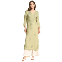 VAIRAGEE Women's Rayon Straight Cut Round Neck Kurta with Beautiful Lucknowi Chickenkari Work (1593) Olive Green