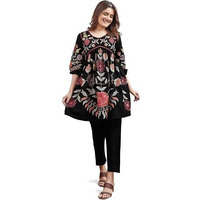 Womanista Women's Black Colour Linen Multi Thread Embroidery Flared Tunic with Trouser coord Set(Co-ords_9072_S)