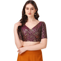 OOMPH! Women's Indian Ethnic Wear Designer Floral Pattern Lace Work V Neck Half Sleeve Purple Color Jacquard Readymade Blouse for Saree or Lehnga and Fusion Twist. S