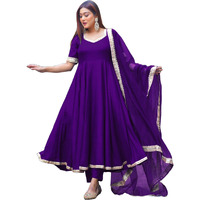 ANNI DESIGNER Women's Rayon Blend Anarkali Solid Kurta with Pant & Dupatta & Dupatta (Shyam Begani_M_Begani_Medium)