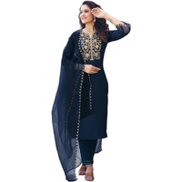 Sanisa Women's Chinnon Silk & Organza Sequence and Embroidery Work Straight Kurta with Pant and Dupatta Set (38KBD478NB-S_Navy Blue)