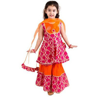 Pspeaches Girls Magenta Orange Printed Angrakha Cotton Kurta Set (Pink-12-14Y)