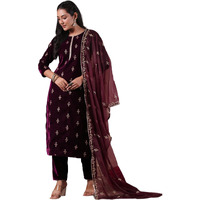 ishin Women's Velvet Self Design Purple Straight Kurta Suit Set with Trousers and Dupatta
