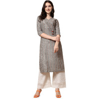 NAINVISH Women's Cotton Blend Straight V-Neck Printed Kurta (SD417_K-XXL_Grey)