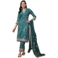 Stylum Women's Bandhani Print & Embroidered Muslin Straight Kurta Pant Dupatta Set (KPDGREENBANNO40_Green, L)