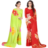 Yashika Womens Georgette Saree With Blouse Piece(MULTI FLOWER_MULTI RED_Pack Of-2)
