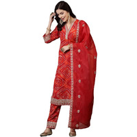 Stylum Women's Bandhani Print & Embroidered Muslin Straight Kurta Pant Dupatta Set (KPDREDBANNO44_Red, XXL)
