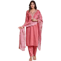 Naixa Women's Pink Chanderi Embroidered Straight Kurta with Chanderi Pant and Organza Printed Dupatta Sets (NX2-JK-105-Pink-S)