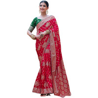 Satrani Women's Silk Blend Banarasi Jacquard Saree with Unstitched Blouse Piece (3889S313N_Red)
