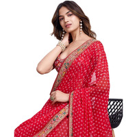 VAIRAGEE Women Soft Georgette Red Printed Embroidery Saree With Unstiched Blouse(6253)