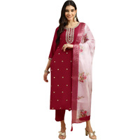 BHARVITA Women's Cotton Blend Embroidered Kurta Pant with Floral Digital Silk Prited Dupatta (in, Alpha, L, Regular, Pink)