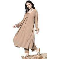 Varanga Women Beige Colour, Bishop Sleeve A-Line Kurta Paired With Tonal Bottom