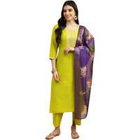 BHARVITA Women's Cotton Blend Embroidered Kurta Pant with Floral Digital Silk Prited Dupatta (in, Alpha, 3XL, Regular, Yellow)