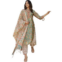 Yashika Women's Cotton Blend Floral Regular Kurta Where Meets Trend: Stay Fashion-Forward Yet Rooted in Tradition with Our Stylish Ethnic Sets (AZ-YS-OG-KS2137-Parent_Green_M)