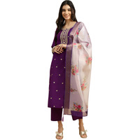 BHARVITA Women's Cotton Blend Embroidered Kurta Pant with Floral Digital Silk Prited Dupatta (in, Alpha, 2XL, Regular, Purple)