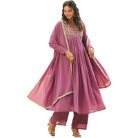 Janasya Women's Lavender Georgette Yoke Embroidered A-Line Kurta Set (JAB24ST00548-A-M)