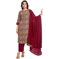 Sanisa Women's Crepe Printed Straight Kurta with Pant and Dupatta Set (175KBD1871N-L_Red & Blue and Multi)