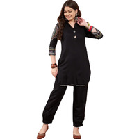 Bollyclues Women's Cotton Embroidered Kurta Pant Set(Black-RY-04)
