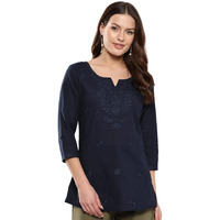 YUFTA Women Blue Chikankari Striped Regular Top_(1861TOPBL_L)