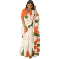 Satrani Women's Cotton Printed & Mirror Work Ready To Wear Republic Day Special Tricolor Saree with Unstitched Blouse Piece (3394S309N_White & Orange)