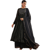 Janasya Women's Black Georgette Foil Printed Anarkali Kurta Set (JAB24ST00556-L)