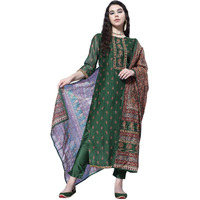 Varanga Women Green Floral Printed Kurta Paired With Tonal Bottom And Thread Embroidered Dupatta
