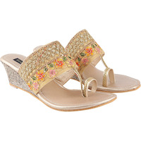 Shoetopia Women's & Girl's Gold Woven Design Wedges Heels-EU38
