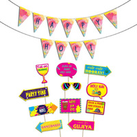 Festiko Happy Holi Decoration Combo (11pcs Photo Booth Props+Happy Holi Banner)/Holi Decoration Items for Party Holi Decorations, Party Decoration/Colourful Banner for Holi Party (Holi Combo_9)