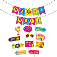 Festiko Happy Holi Decoration Combo (11pcs Photo Booth Props+Happy Holi Banner)/Holi Decoration Items for Party Holi Decorations, Party Decoration/Colourful Banner for Holi Party (Holi Combo_10)