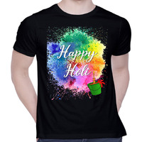 CreativiT Graphic Printed T-Shirt for Unisex Happy Holi Tshirt | Casual Half Sleeve Round Neck T-Shirt | 100% Cotton | D00282-1_Black_X-Large