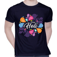 CreativiT Graphic Printed T-Shirt for Unisex Happy Holi 2020 Funky Colorful t-Shirt Tshirt | Casual Half Sleeve Round Neck T-Shirt | 100% Cotton | D00310-9_Navy Blue_X-Large