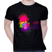 CreativiT Graphic Printed T-Shirt for Unisex Happy Holi Tshirt | Casual Half Sleeve Round Neck T-Shirt | 100% Cotton | D00310-10_Black_X-Large