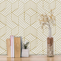 FOKRIM Gold and White Geometric Wallpaper for Walls Sticker 45x300cm (14-SQFT) Peel and Stick, Removable Self Adhesive, Waterproof Wallpaper, Elegant Wall Decor for Home and Office
