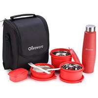 SOPL-OLIVEWARE Teso Lunch Box with Plastic Cutlery, 3 Microwave Safe Inner Steel Containers with BPA Free Lids(290ml, 450ml & 600ml), Plastic Pickle Box (130ml), Steel Water Bottle(750ml) - Red