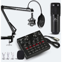 Audavibe Condenser Microphone Set +V8 Sound Card Amplifier Voice Changer Audio Mixer Interface| Singing Recording Smule Live Game Stream Podcast Broadcast (3.5mm Mic+Sound Card) (Black)