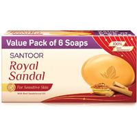 Santoor Royal Sandal Bathing Soap for Sensitive Skin| 100% Sandalwood Oil & Powder, Chamomile Oil, & Creamy Moisturizers| Soothes Skin, Gives Healthy Glow & Leaves Long Lasting Fragrance| 125g, Pack of 6