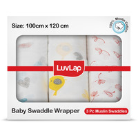 LuvLap 100% Cotton Muslin Baby Swaddle Set, Pack of 3, Size-120cm x 100cm (47 x39 ), Hearts Birds Printed on White, 0-18 Month+, Printed Mulmul Muslin Swaddle Wrap for New Born Baby, Baby Towel