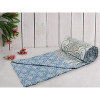 Trance Home Linen 100% Cotton Reversible Dohar Single Bed Size | Jaipuri Printed Artisan Block Design Blanket | Soft Lightweight Ac Comforter Quilt (56 X88 ,Nargis Blue), 200 TC