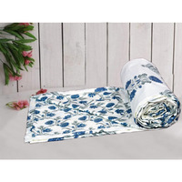 Trance Home Linen 100% Cotton Reversible Dohar Double Bed Size | Jaipuri Printed Artisan Block Design Blanket | Soft Lightweight Ac Comforter Quilt (84 X88 , Aangan Blue White), 200 TC