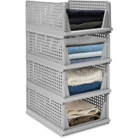 JEYANG Folding Wardrobe Organizer Plastic Stackable Clothe Closet Self Storage Container, Rectangular Cupboard for Kitchen, Home and Bathroom (Pack of 5 (Large Grey))