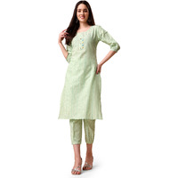 EthnicJunction Cotton Blend Women s Woven Striped Work Straight Kurta With Pant (Bt5-Rangsari-Light Green_Xl_Light Green)
